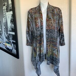 KATINA MARIE knit cardigan tie dye grey/olive/rust 3-4 sleeves. XS EUC